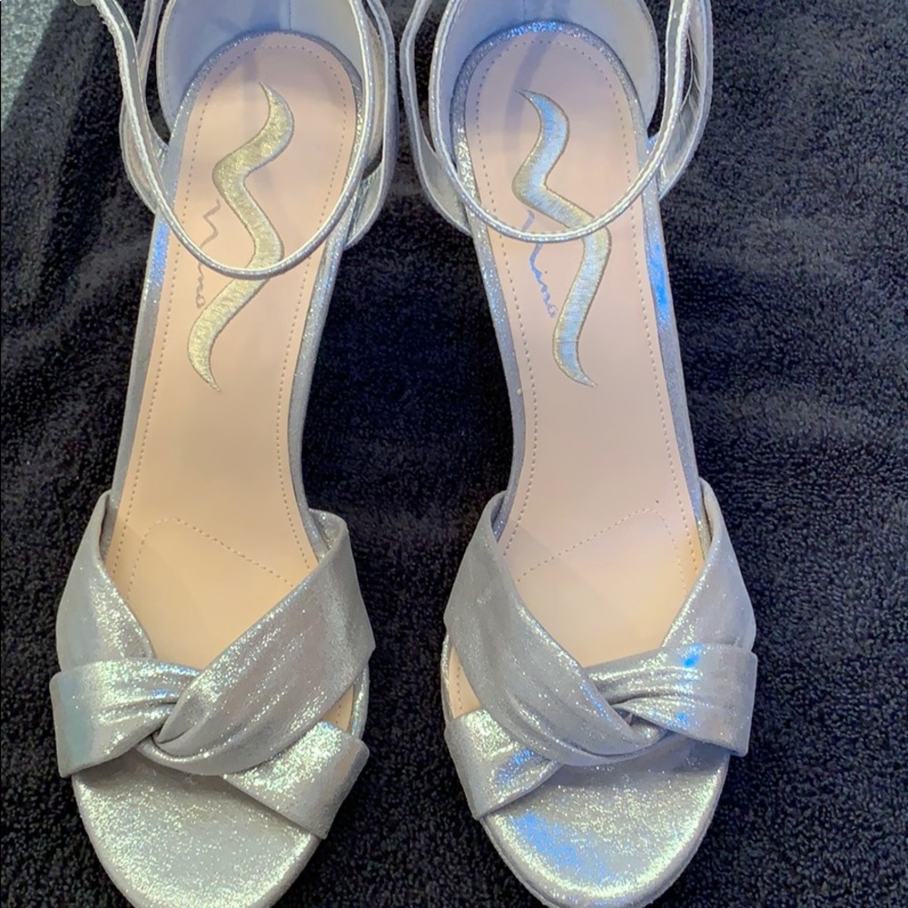 Ankle strap sparkly silver high heel sandals
